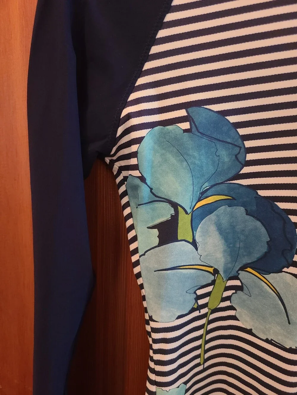 Tory Burch Navy and White Striped Zip Rash Guard with Blue Floral Accent S
